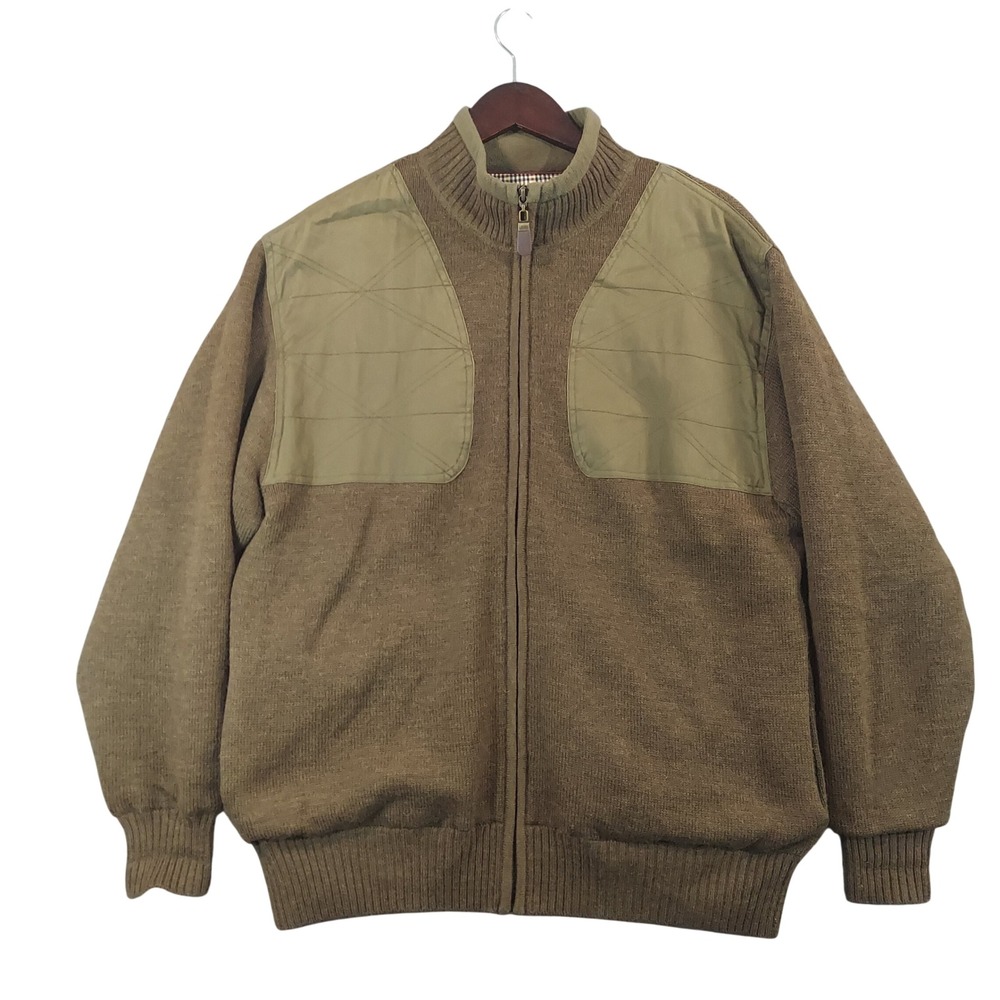 Orvis Full Zip Sweater Jacket Mens L Brown Wool Plaid Lined Shooting Patches